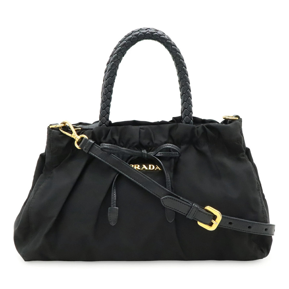 Prada TESSUTO BOW 2way Shoulder Bag Ribbon Gathering Leather Black Nero Black
